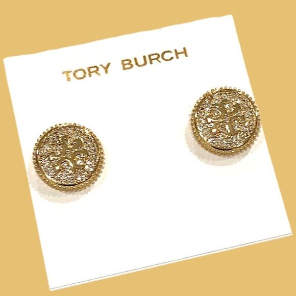 TORY BURCH DOUBLE T LOGO PAVE / CRYSTAL DIAMONDS STUD EARRINGS - Picture 1 of 5